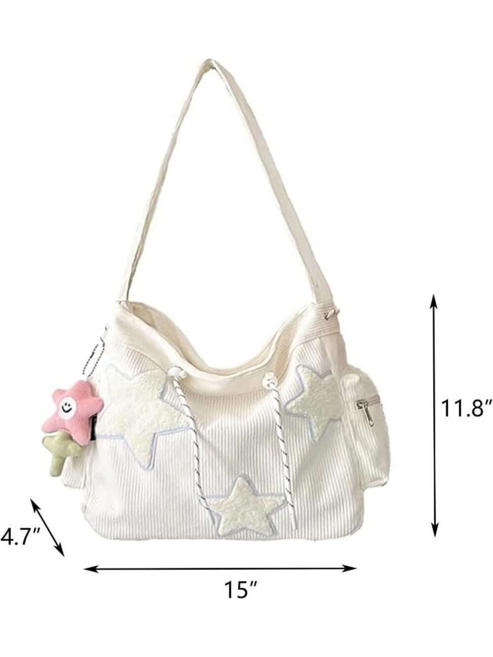 Women's White Zipper Kawaii Corduroy Star Tote Crossbody Shoulder Bag